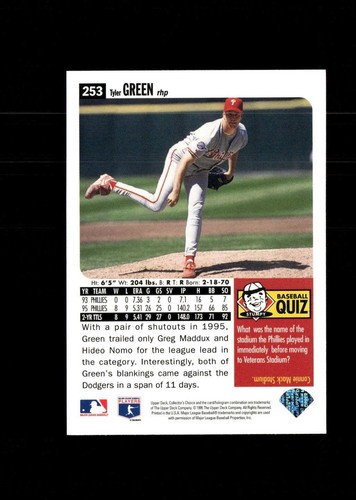 Tyler Green 1996 Collector's Choice Baseball Card #253 Philadelphia Phillies - Picture 2 of 2