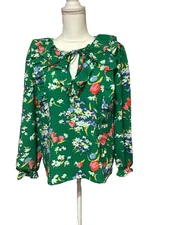 Loft Top Blouse Womens Small Green Floral Ruffle Cottagecore Gypsy Tulips