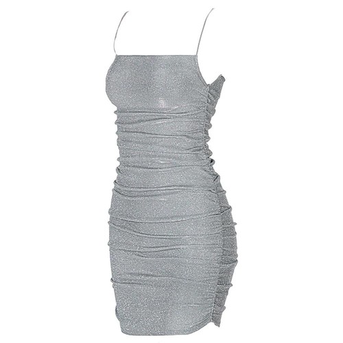 Silver Glitter Lurex Sleeveless Spaghetti Strap Square Neck Ruched Bodycon NWT - Picture 4 of 5