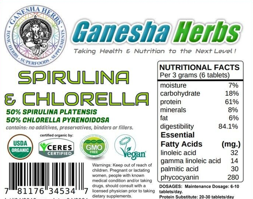 Chlorella & Spirulina 500mg Tablets 4 months supply Certified USDA ORGANIC! - 第 2/3 張圖片