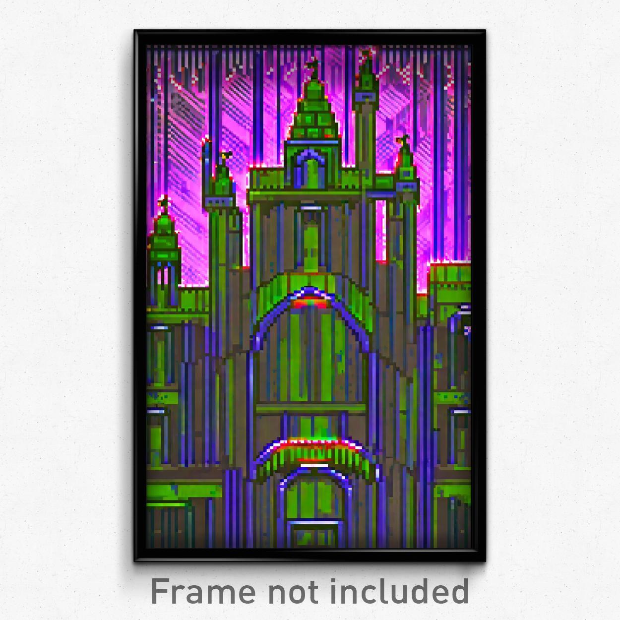 8 Bit Glitchy Castle Pixel Art Poster - Retro Video Game Wall Print