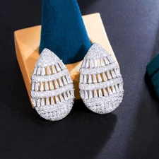 Luxury Design Silver Plated Cubic Zircon Big Hollow Out Water Drop Stud Earrings