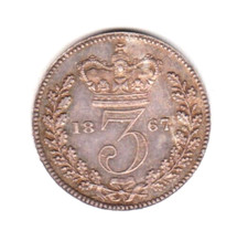 1867 Great Britain Victoria  Sterling Silver Threepence  Luster  Beautiful Coin