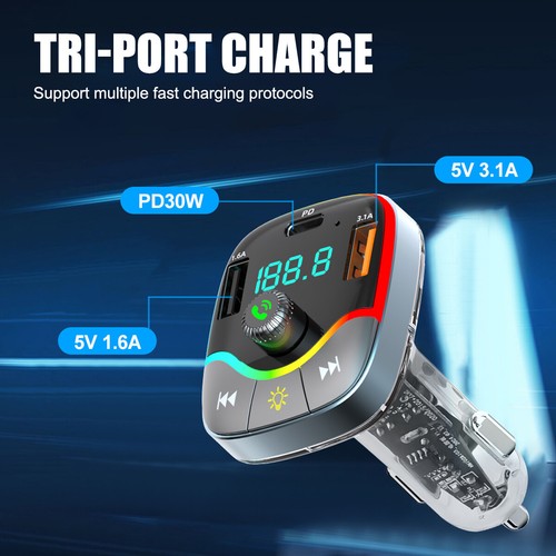 Car Wireless Bluetooth 5.3 FM Transmitter MP3 Player USB PD Car Charger Adapter - Picture 8 of 9