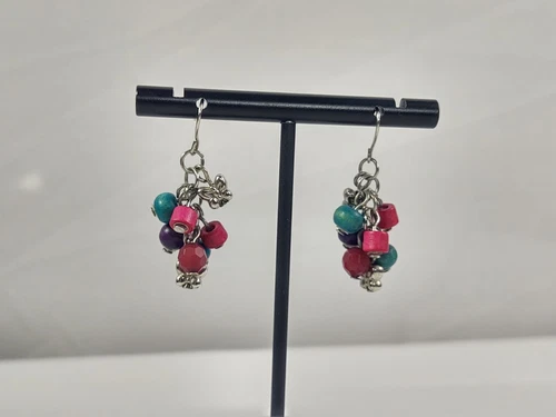 Pierced Drop Earrings Women's Costume Jewelry Silver Tone Butterflies Beads Vtg