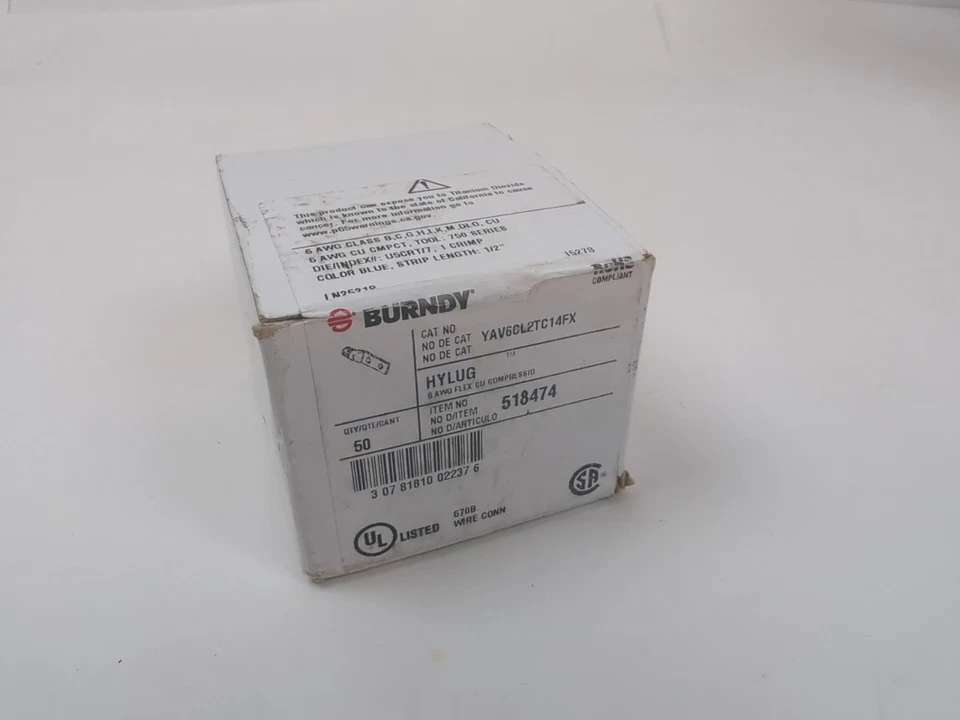 50 Burndy YAV6CL2TC14FX Compression Lug 6AWG 2-Hole 1/4"Stud Short Barrel NEW - Image 2 of 4