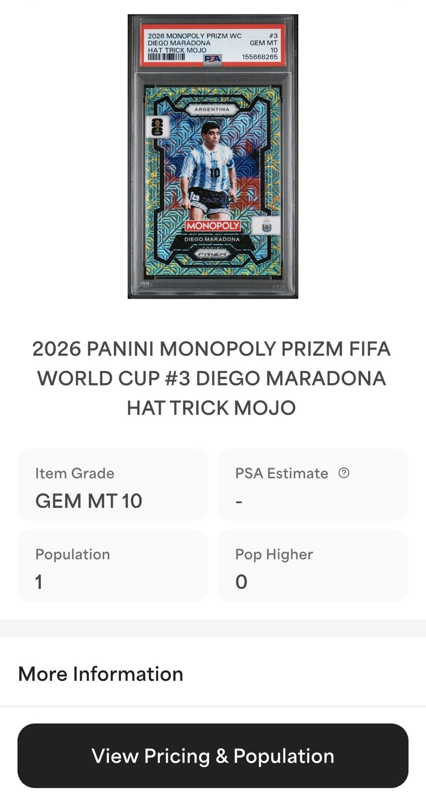 💎 POP 1 PSA 10 Diego Maradona HAT TRICK MOJO Prizm 2026 FIFA World Cup Monopoly view 3