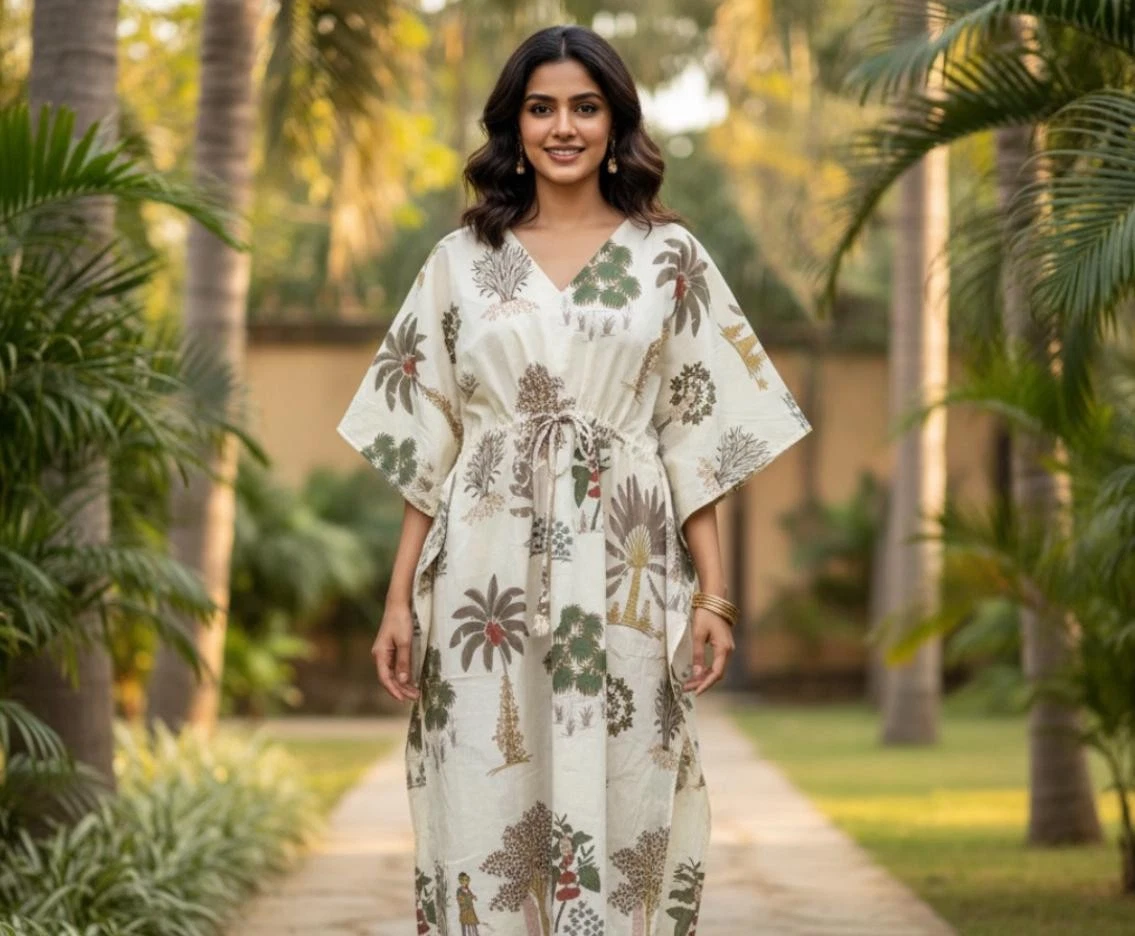 Everyday Cotton Kaftan Dress | Hand Block Printed Comfort Wear
