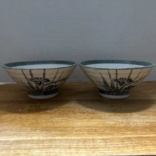Pair Vintage Japanese Tea Bowls For Rice Or Miso Soup W/Floral Designs