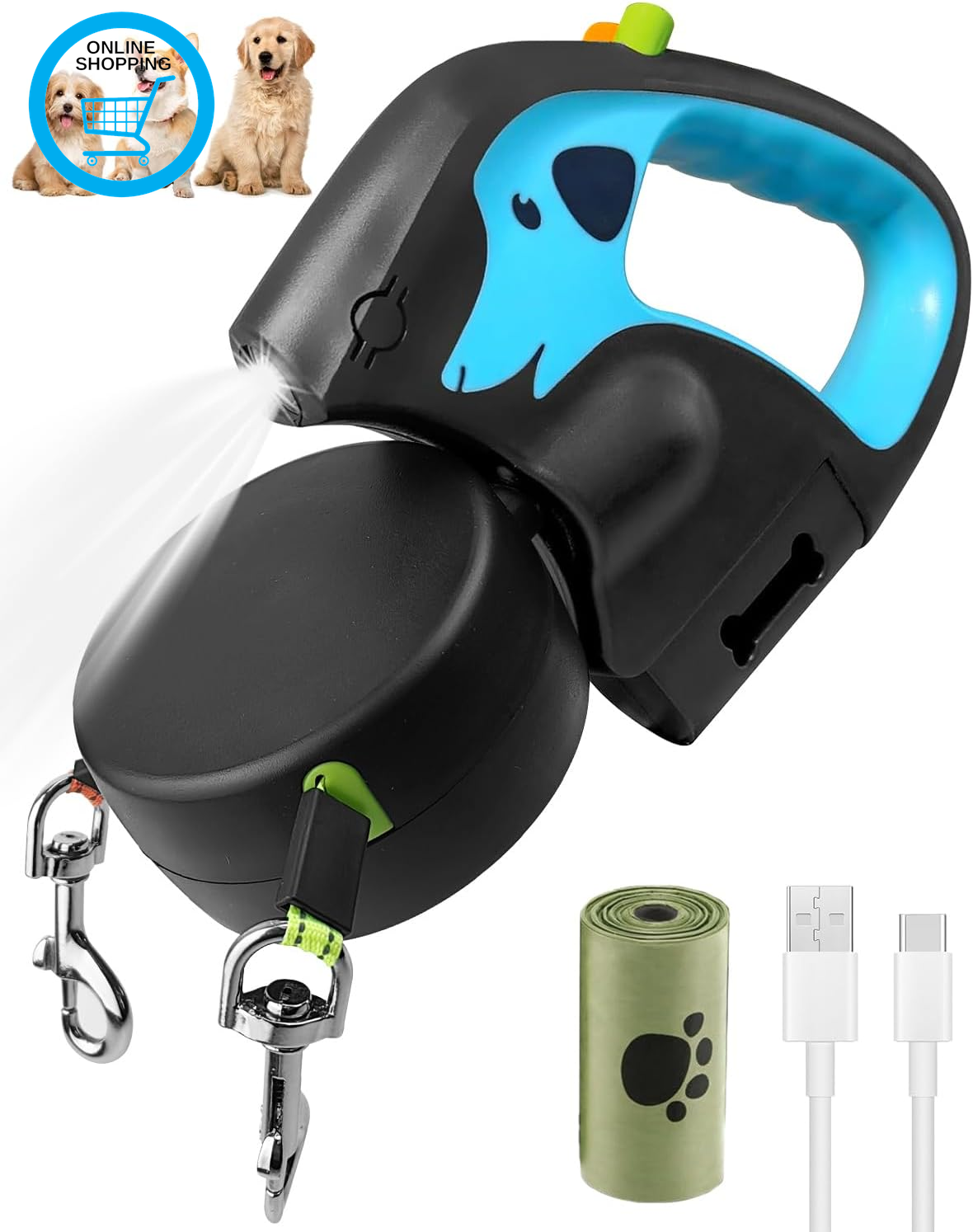 3M Retractable Double Dog Lead, up to 20Kg Non-Slip Handle Dog Lead with Recharg