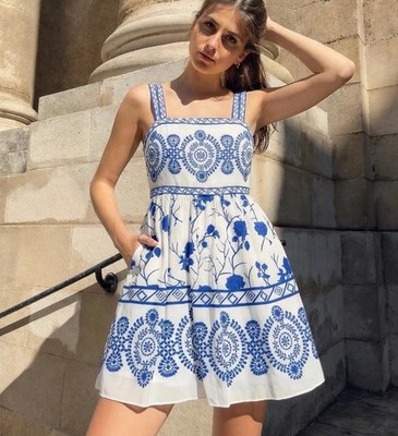 Unbranded Boho Blue & White Floral Print Ruffle Mini Dress Size Small Backless