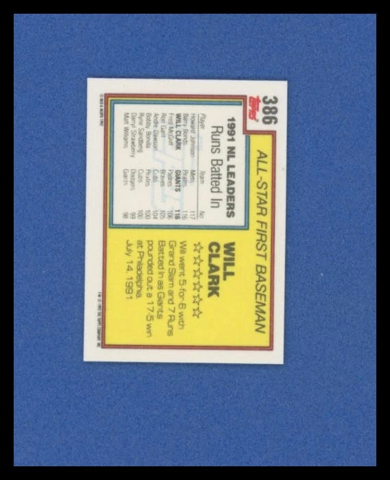 1992 Topps #386 Will Clark All-Star Baseball Card - Image 2 of 2