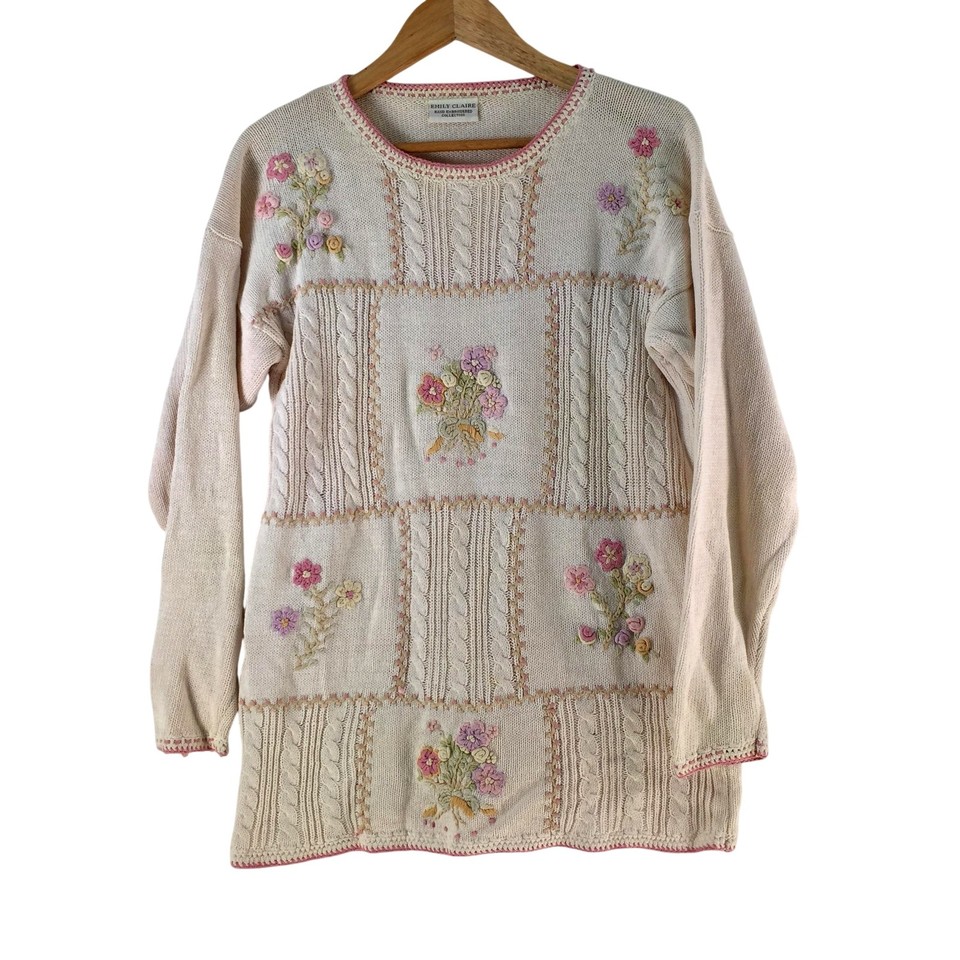 Emily Claire Jumper Womens One Size White Floral Cable Knit Hand Embroidered