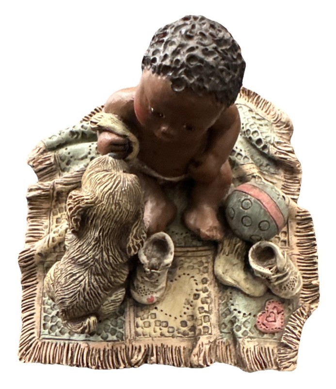 Sarah's Attic African American Black Baby Toddler Boy on Blanket Puppy Shoes