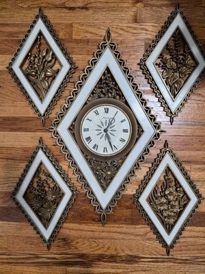Vintage 1970s Burwood Products Diamond Wall Clock 5 PC Set