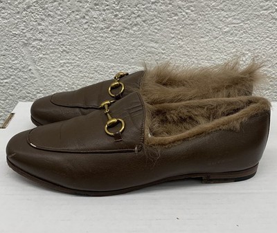 Gucci Jordaan Princetown Horsebit Leather Loafer Brown 38 EU 8 US Fur BB18