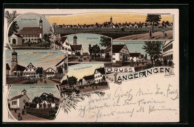 Lithographie Langerringen, Östliche Hauptstrasse, Hauptstrasse mit Kirche, Unte 