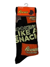Reese’s Looking Like A Snack Black Crew Socks Mens 10-13 Candy Graphic NWT