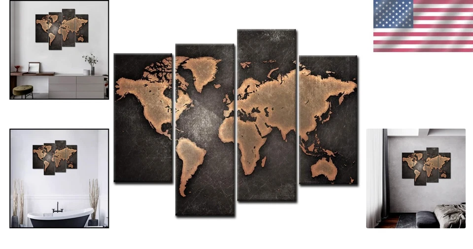 Elegant Black World Map Wall Art on Canvas - 26x12 & 35x12 Panels, Ready to Hang - Image 2 of 4