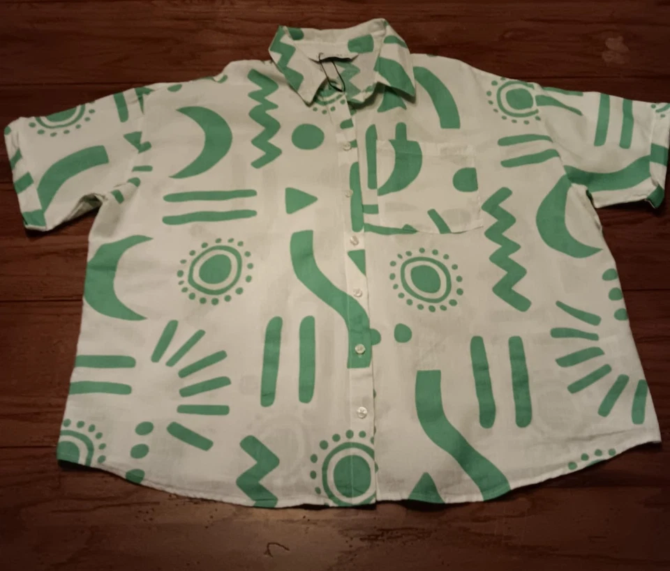 限量收藏纽扣抽象衬衫 * 英国 16 - 美国 12 * 亚麻混纺 — 第 2/4 张图片