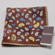 Roda NWT 100 Linen Pocket Square In Brown with Yellow / Blues / Cream Paisley