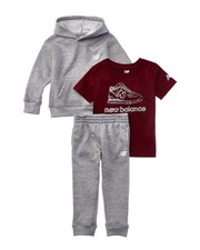 New Balance 3Pc Fleece Hoodie, T-Shirt Jogger Set Grey 2T