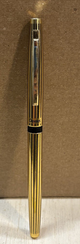 Vintage Pentel Gold Black Striped Pen MG8C Japan Rolling Ball Metal Barrel