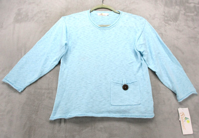 Breezes Sweater Womens Small Medium Blue Knit 3/4 Sleeve Pocket Pullover