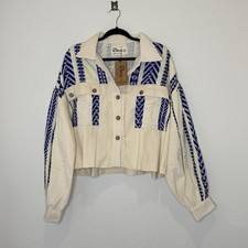 Rhea Boho Cream/Blue Corduroy Mixed Fabric Crop Jacket Womens Size L/XL 80 NWT