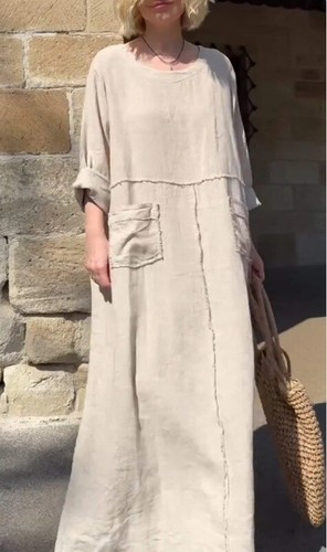 Mujeres Lino Algodón Vestido de Vacaciones Informal Suelto Caftán Largo Maxi Vestidos PLUS UK - Imagen 3 de 22