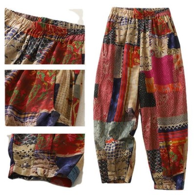 Womens 2023 Fashion Ethnic Printed Linen Cotton Cropped Trousers Harem Pants 