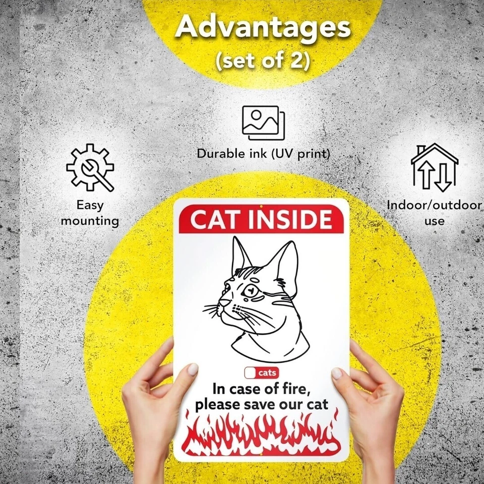 Letrero de aluminio 10x7 Cat Inside, en caso de incendio, por favor salve a nuestro gato, paquete de 2 Foto 4 de 4