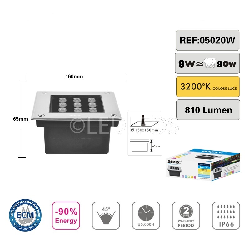 Faretto Incasso Esterno LED 9W Quadrato IP66 - Luce Calda 3200K Design