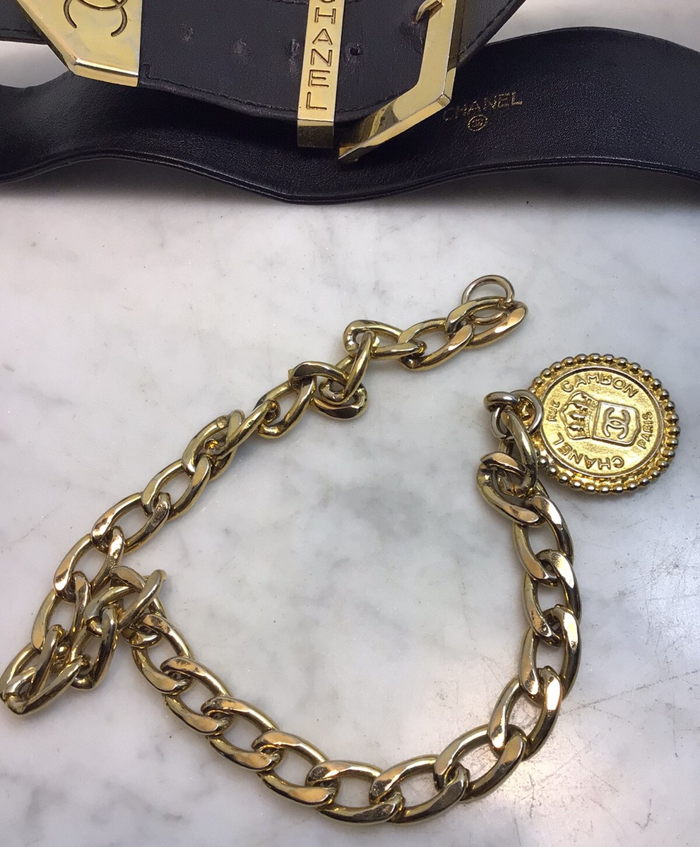 Vintage CHANEL Black Leather Waist Belt With Gold Tone