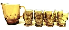 Amber Glass Pitcher Beverage Glasses 9 Piece Set Thumbprint Honeycomb 1970's Era