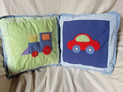 Tiddliwinks Baby Nursery Set of 2 Crib Pillows Train Car Vehicles Green Blue Red