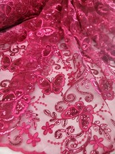 Fuchsia Lace Fabric with Butterflies Sequins Mesh Fabric Sold by the Yard Prom