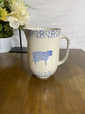 Tienshan Folk Craft Spongeware Blue and White Ceramic Pitcher 7.5" Cow and Heart