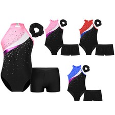 Kids Girls Dance Ballet Leotard with Shorts and Hair Band Set Gymnastics AU