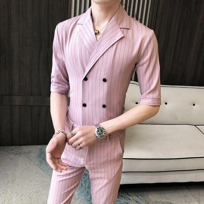 Para hombres 2 PIEZAS Rayas Calce Ajustado Medias Pantalones Solapa Camisa Fiesta Discoteca Blazer Traje Foto 2 de 4