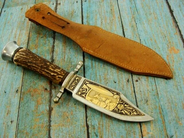 VINTAGE SPANISH TOLEDO STAG HUNTING HOUND DOG GOLD ETCH BOWIE KNIFE SET KNIVES - Image 2 of 4