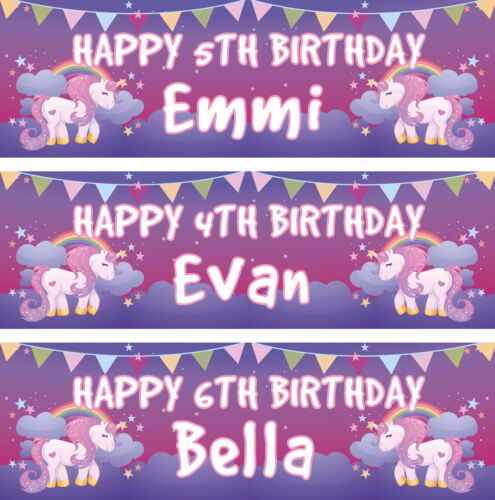 2 Personalised birthday banner unicorn star children kids party poster bunting - Picture 1 of 2
