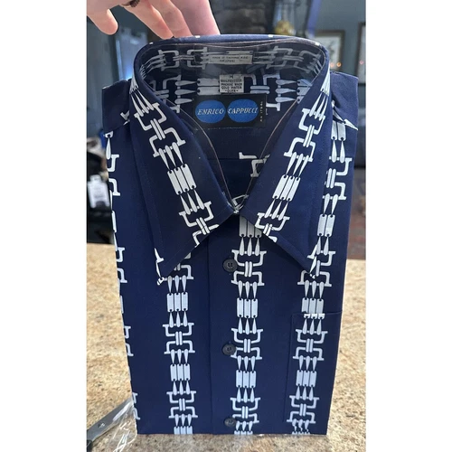 1970s Enrico Cappucci Sheer Button Up Shirt Polyester Retro MCM Navy New! SZ Med