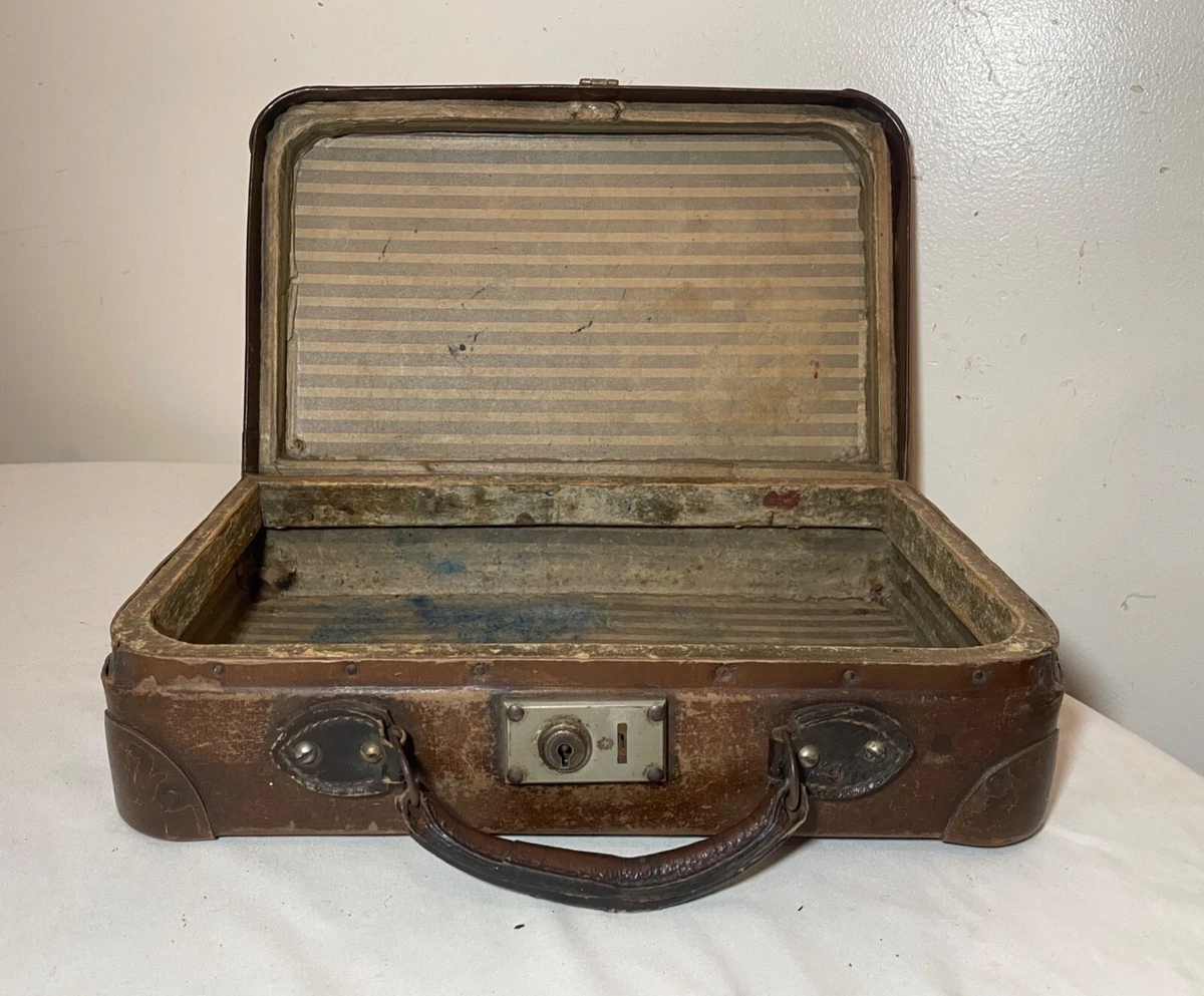 rare antique 19th century leather wood nickel child's travel suitcase trunk  1800