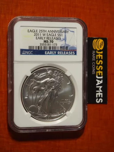 2011 W BURNISHED SILVER EAGLE NGC MS70 EARLY RELEASES BLUE LABEL
