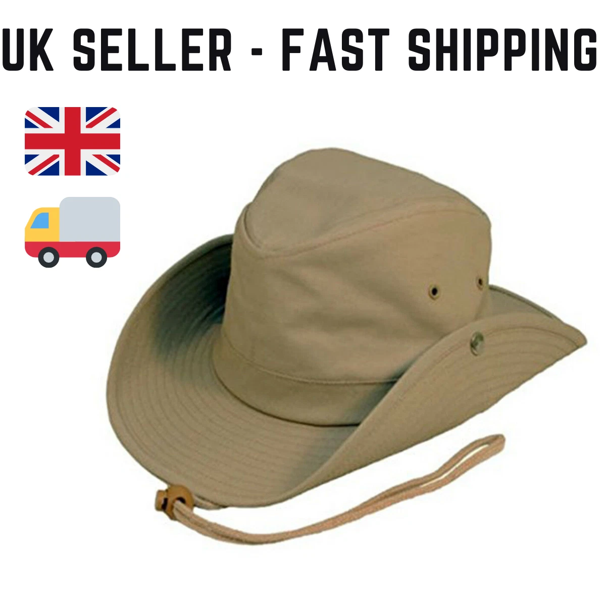 Australian Style Bush Hat with chin cord & studs. 3 colours & FAST DELIVERY  🚚