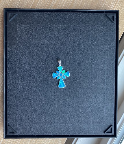 NEW Blue Fire Opal Inlay Solid 925 Sterling Silver Cross Pendant For Necklace - Picture 10 of 11