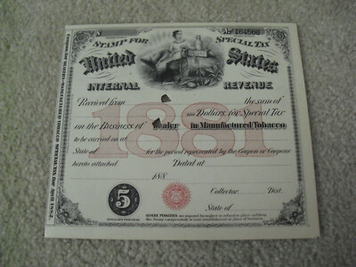 Original 1881 US IRS Internal Revenue Service Special Tax Tobacco  Certificate
