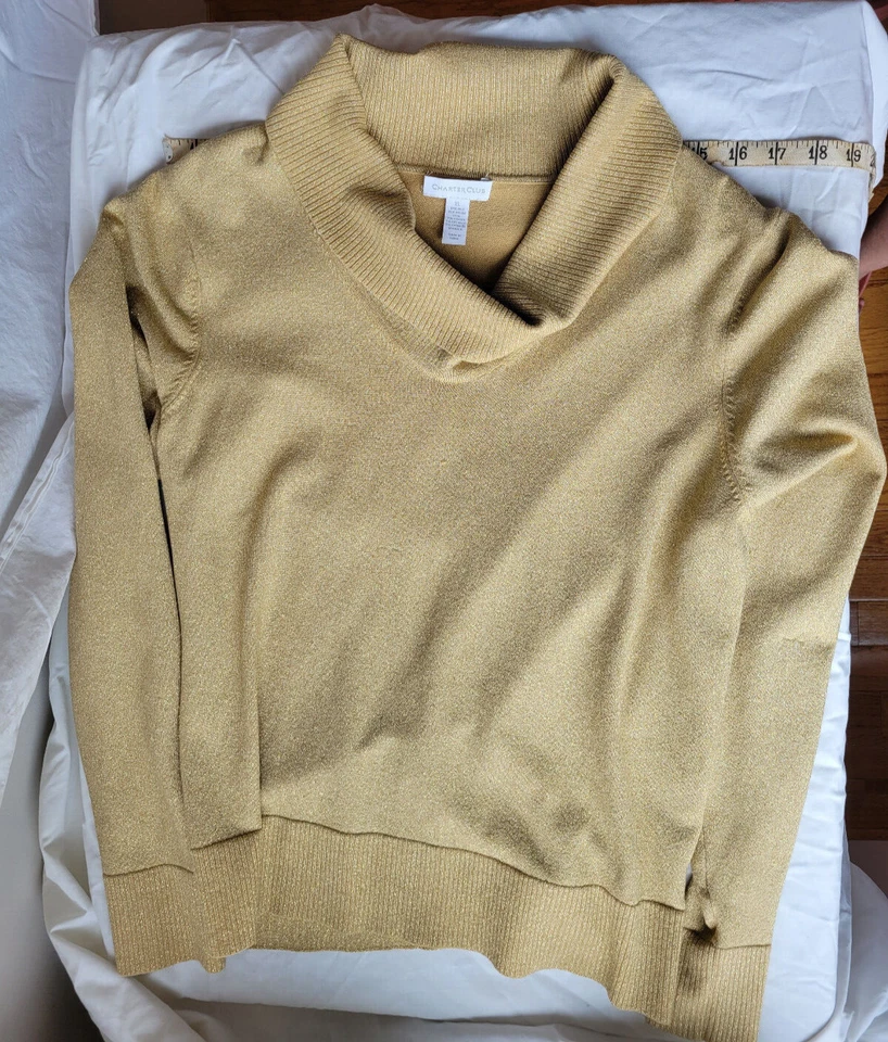 Suéter Charter Club Mujer Talla XL Metálico Seda Dorado Brillante Pullover Capucha Cuello Foto 4 de 4