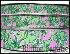 3yds 5/8" 7/8" or 1.5" Pink Green Elephant Elephants Palm Beach Grosgrain Ribbon